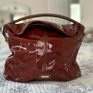 Gorgeous MaxMara soft patent leather bag in caramel with brown leather accents.